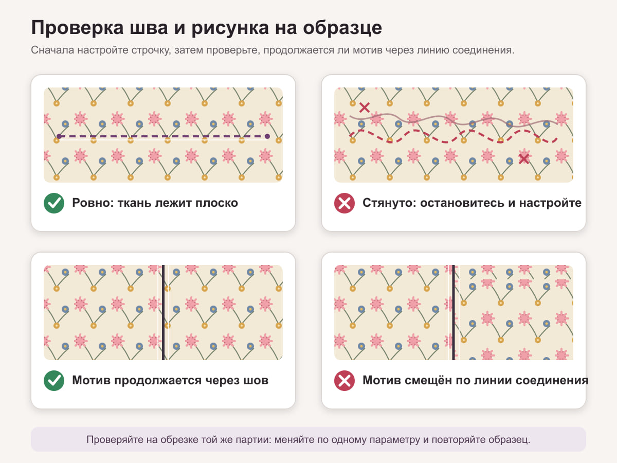 Схема сравнения ровной пробной строчки и стянутого шва с пропусками