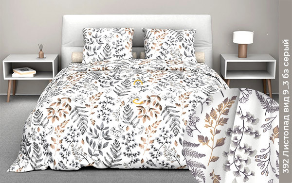 Ткань Бязь 150 см 120 гр рис листопад 9/3 вид б/з серый