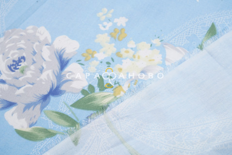 Ткань Тик набивной смесовой 220 см диз. Цветная роза на голубом 0026