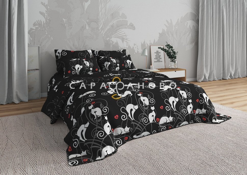 Ткань Бязь Люкс 220 см 125 гр рис Кошки (на чёрном)
