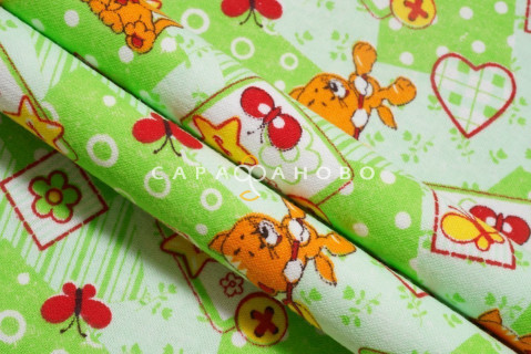 Ткань Фланель 75 см 175 гр рис 5277-3 Игривый котенок (зеленый)