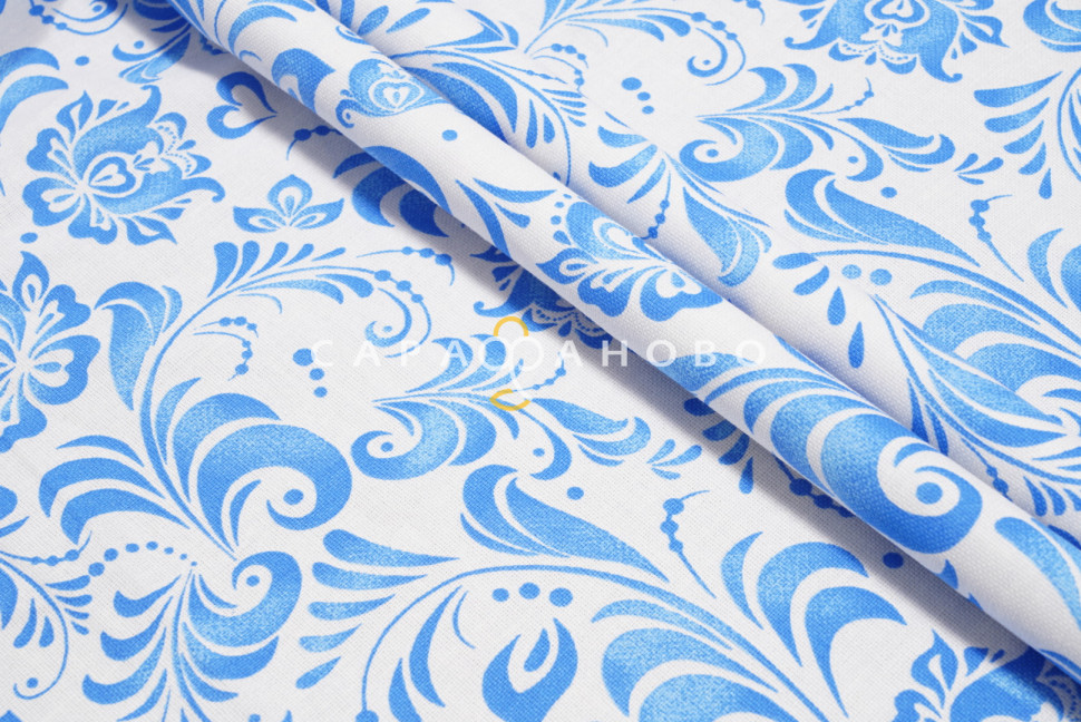 Ткань Рогожка 150 см 170 гр рис Гжель кройная 500316/1