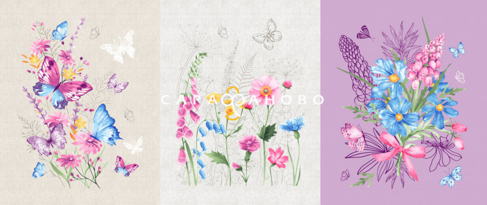 Ткань Вафельное полотно 150 см 155 рис Бабочки и цветы сет 500132/1