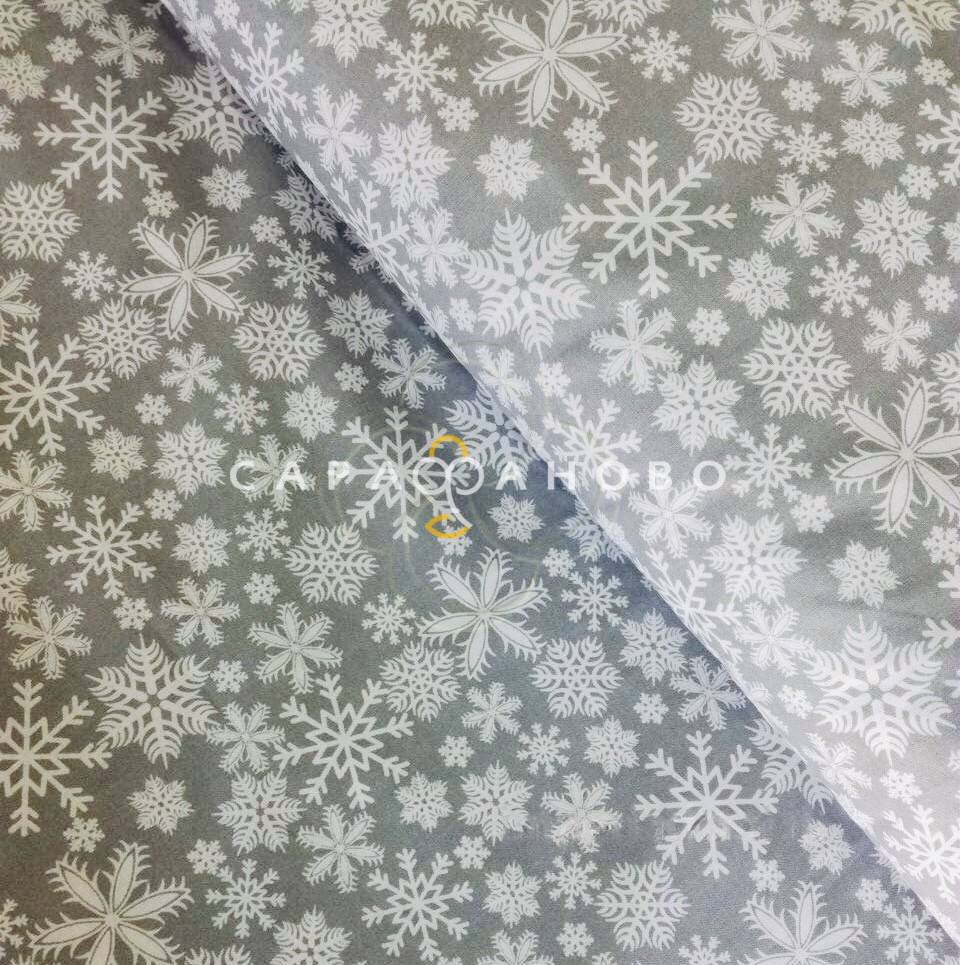Ткань Бязь 150 см 120 гр рис 1827-17 снежинки на сером