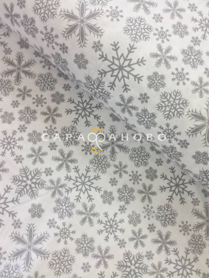 Ткань Бязь 150 см 120 гр рис 1827-а17 снежинки серые б/з