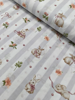 Ткань Поплин Детский 150 см 110 гр рис 29409 зайцы на полосе