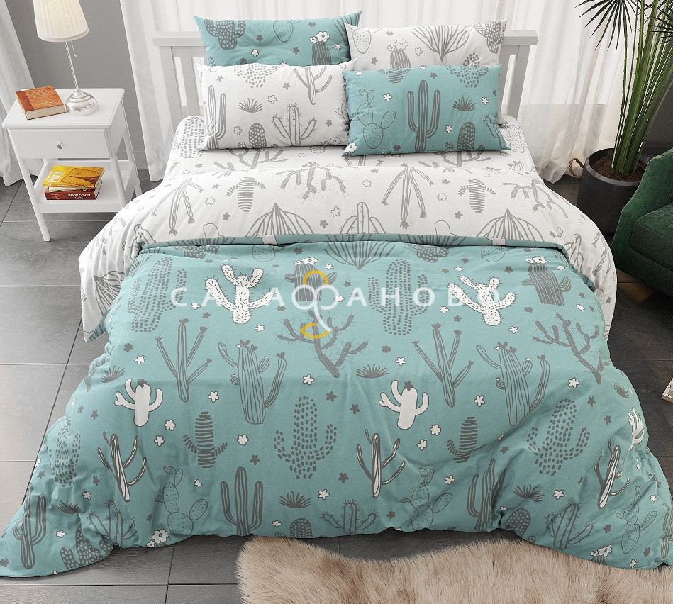 Ткань Поплин 220 см 105 гр рис КАКТУСЫ бирюза комп. 28442/2