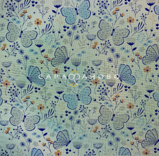 Ткань Полулён п/варёный 150 см. рис БАБОЧКИ № 1474 (голубой)
