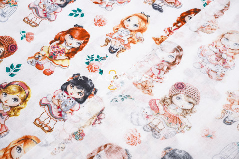 Ткань Бязь премиум 150 см Детская коллекция "Куклы" рис 13171 вид 1
