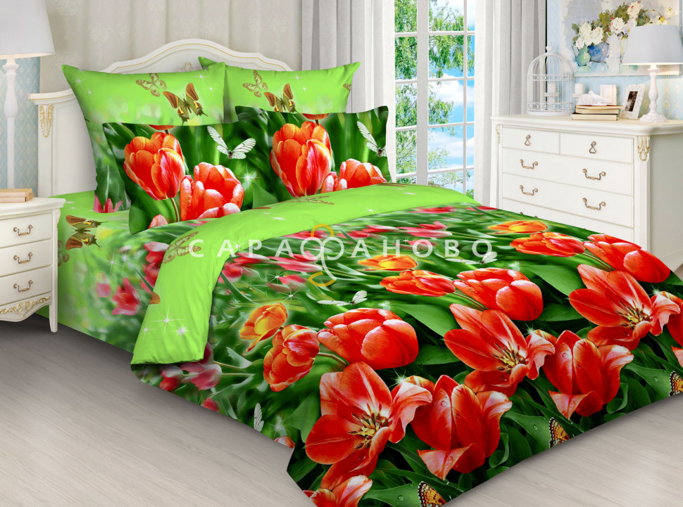 Ткань Бязь 220 см 120 гр рис 3036/1 Красные тюльпаны